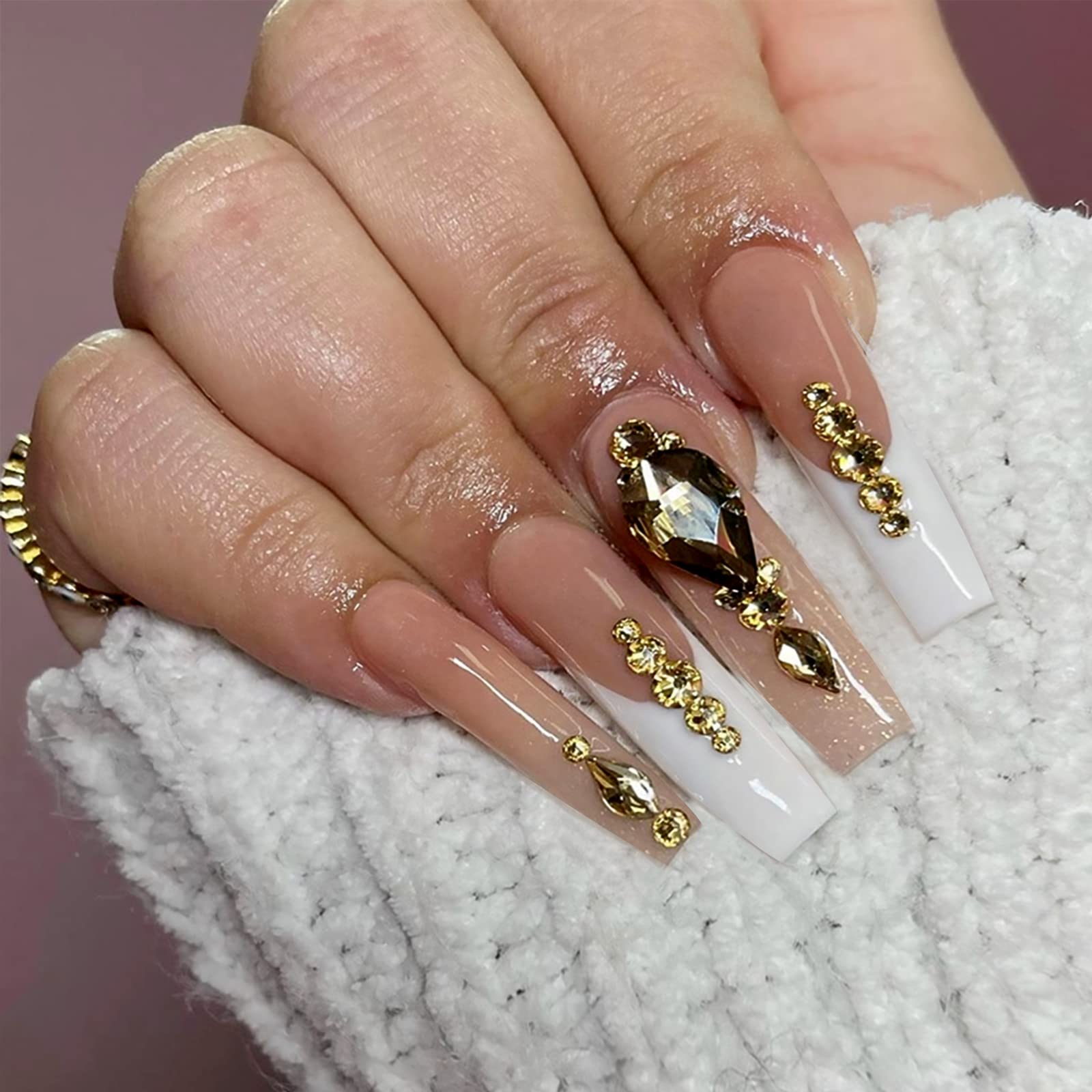 Amazon.com: YOSOMK French Tip Press on Nails Long with Designs Bling Gems  False Fake Nails Press On Coffin Artificial Nails for Women Stick on Nails  With Glue on Static nails, 27 Piece