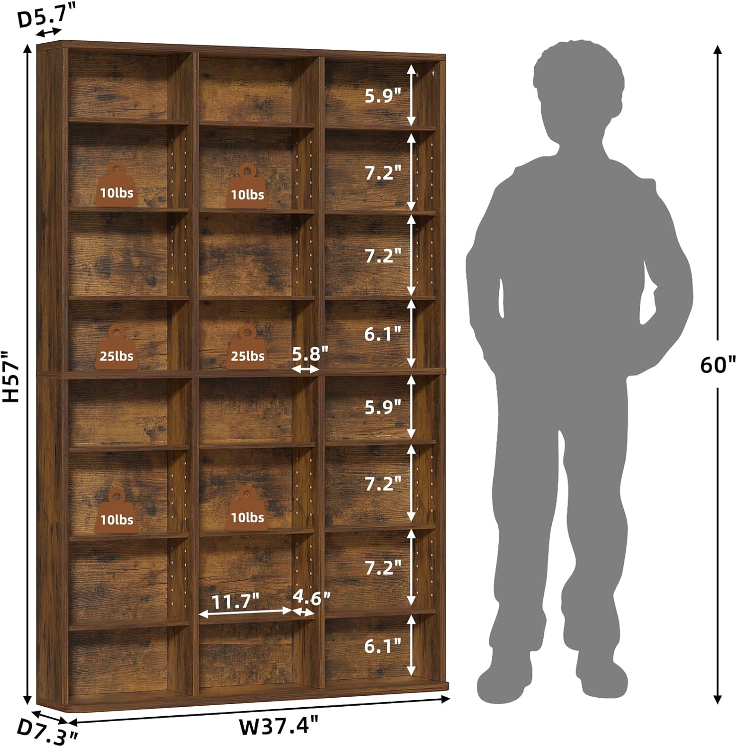 LELELINKY 8 Tier Tall Display Cabinet, Brown Media Storage Cabinet with Adjustable Shelves, Free Standing DVD Organizer Shelf, Floor Multimedia Storage Manga Bookshelf for Living Room & Home Office.