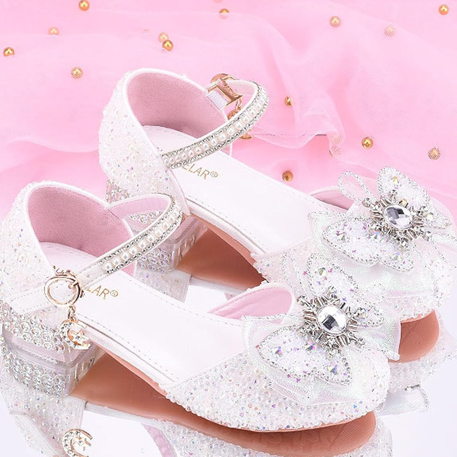 Girl Low Heel Mary Jane Rhinestones Shoes Crystal Bow Sandals Girls Dress Shoes for Church Wedding Party