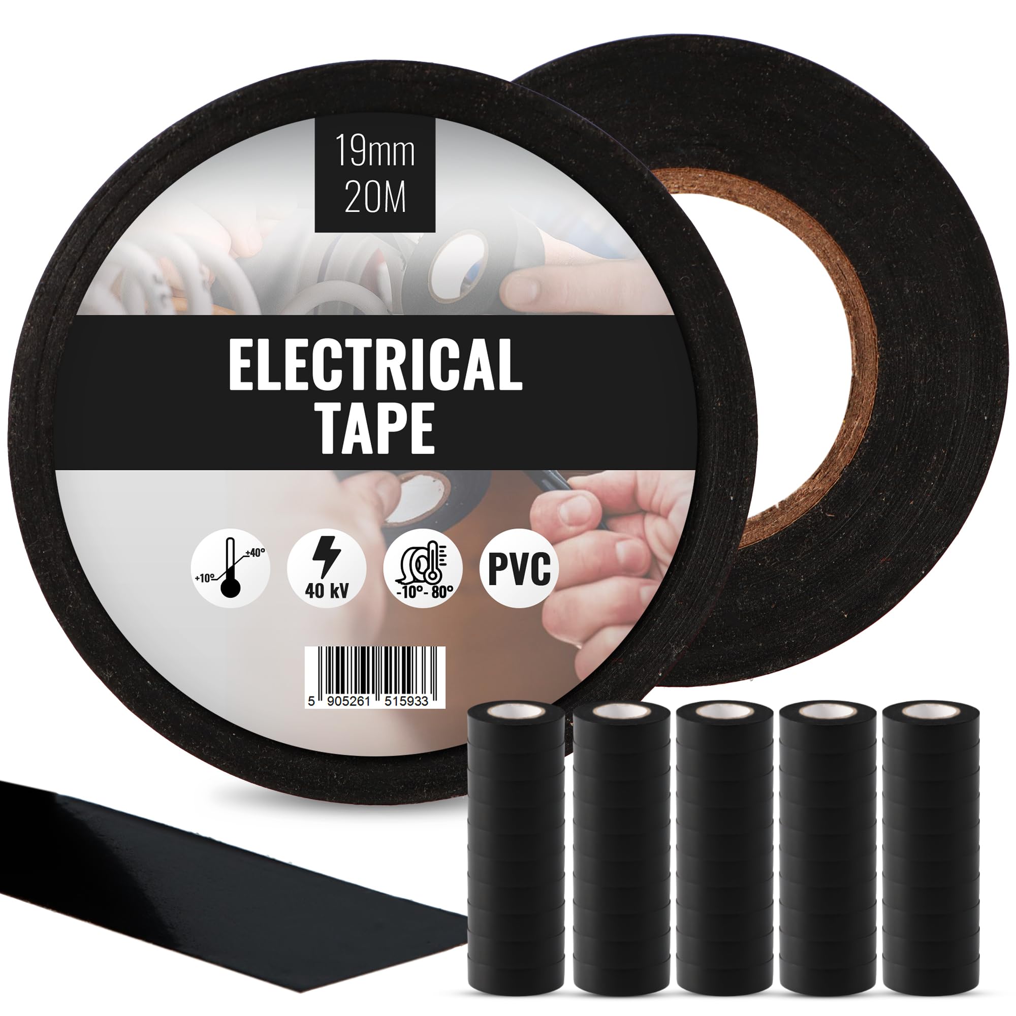 50x Cinta Aislante Reparadora 19 mm x 20 m de PVC Instalaciones Eléctricas Autoadhesiva Adhesiva Resistente al Calor para Aislar Proteger Agrupar Reparar Cables Eléctricos Negra
