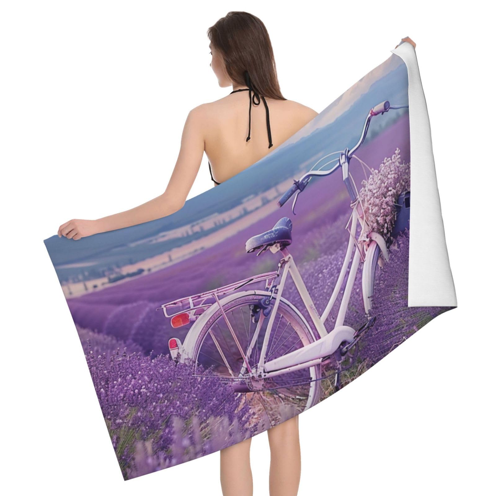 DCEHGEW Lavender Field Retro Bike Agriculture Printed Microfiber Bath Towels 52x32 Inch, Highly Absorbant Beach Towel Bath Sheets for Bathroom Travel Hotel Spa
