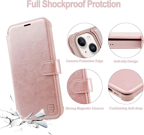 Miniatura 3 de VANAVAGY Funda tipo cartera compatible con iPhone 14 Plus15 Plus para mujeres y hombres, funda de piel con tapa RFID con soporte para muñeca, carga