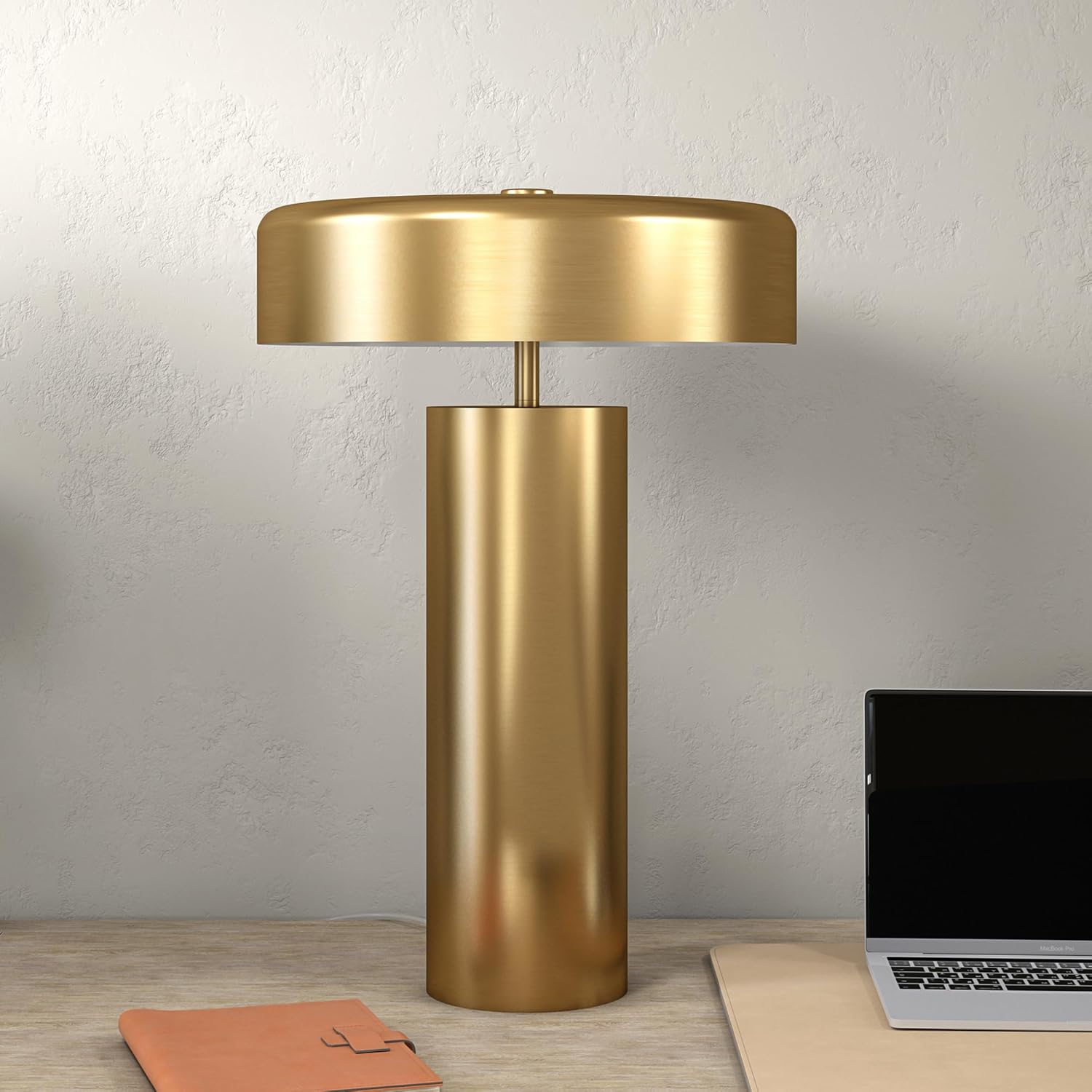 Henn&Hart 23.75" Mid-Century Modern 1-Light Table Lamp with Gold Metal Drum Shade for Living Room, Bedroom, or Office, Gold