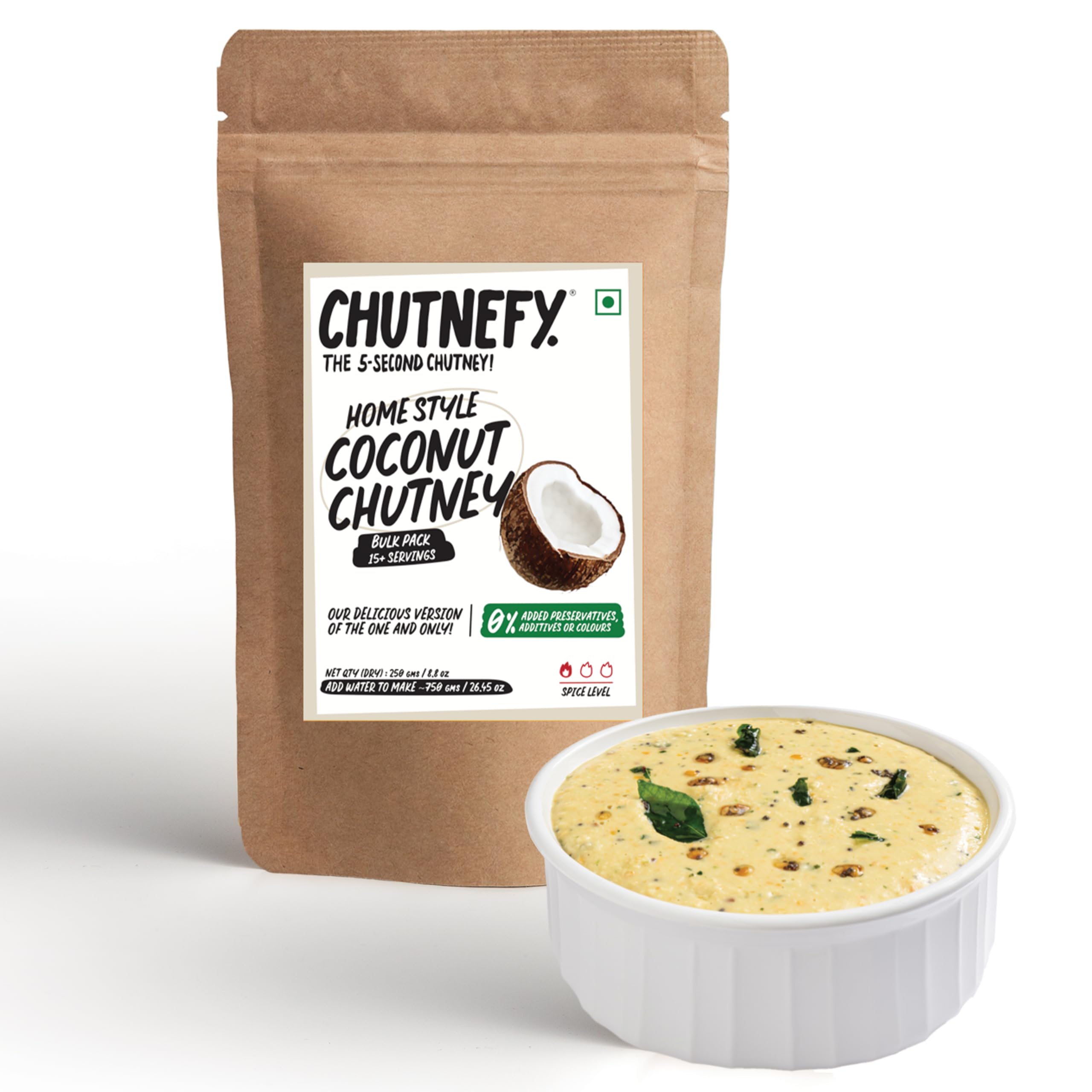 CHUTNEFY|Coconut (Nariyal) Chutney|100% Natural Ingredients|250gms (Dry/Reusable Bulk Pack)|Add Water to Make 800ml|15+ Servings|Authentic Tamil Nadu Homestyle Recipe