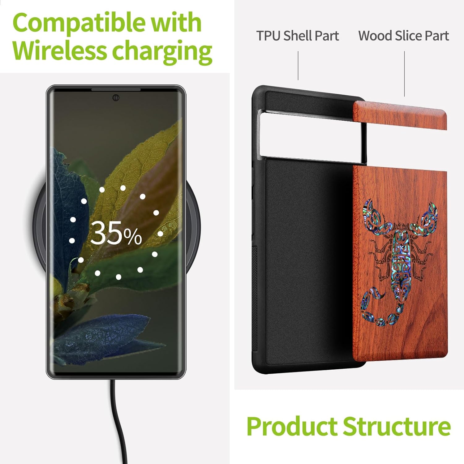 Carveit Designer Wooden Case for Google Pixel 8 Pro Case Cover [Wood Engraving & Shell Inlay] Compatible with Wireless Chargers Pixel 8 Pro (Scorpion Tribal-Rosy)