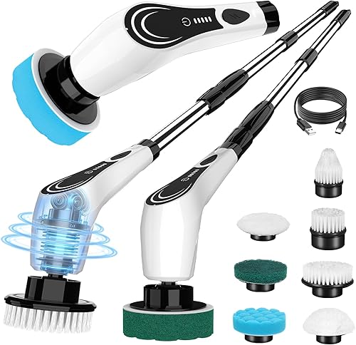 Electric Spin Scrubber, Cordless Power Scrubber with 7 Brush Heads &Telescopic Handle, Lightweight Bathroom Scrubber for Cleaning Tile Grout Tub Shower Floor Window, White-rx2