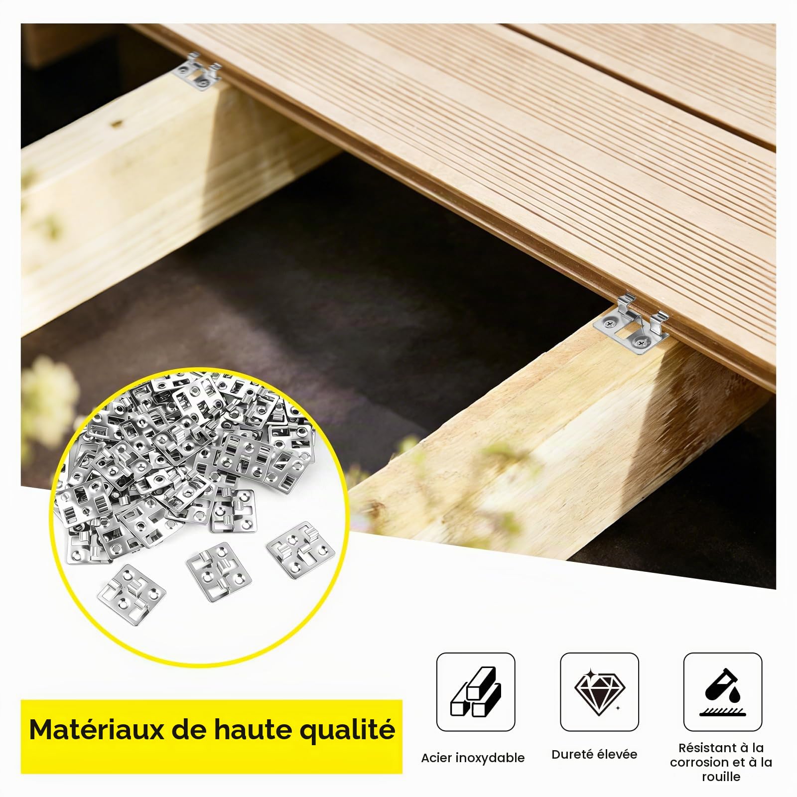 100 pièces Attaches pour lames de terrasse WPC en acier inoxydable, Clips cachés, entretoises pour Fixation de lames WPC/BPC (Argent, écart 3mm, hauteur 7mm)