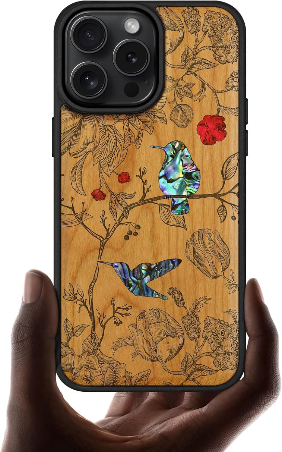 Carveit Magnetic Case for iPhone 16 Pro Max Case, Wood Artisan Engraved & Handmade Shell Inlaid, TPU Shockproof Cover, Compatible with MagSafe Wireless Chargers (A Dance of Flora and Avian) Cherry