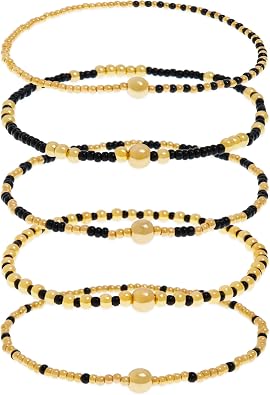 Gold Beaded Stack Bracelets Set For Women, Trendy 5Pcs Boho Handmade Black Small Beads Stackable Stretch Layered Bracelet Outfit Accessories Jewelry Gift.