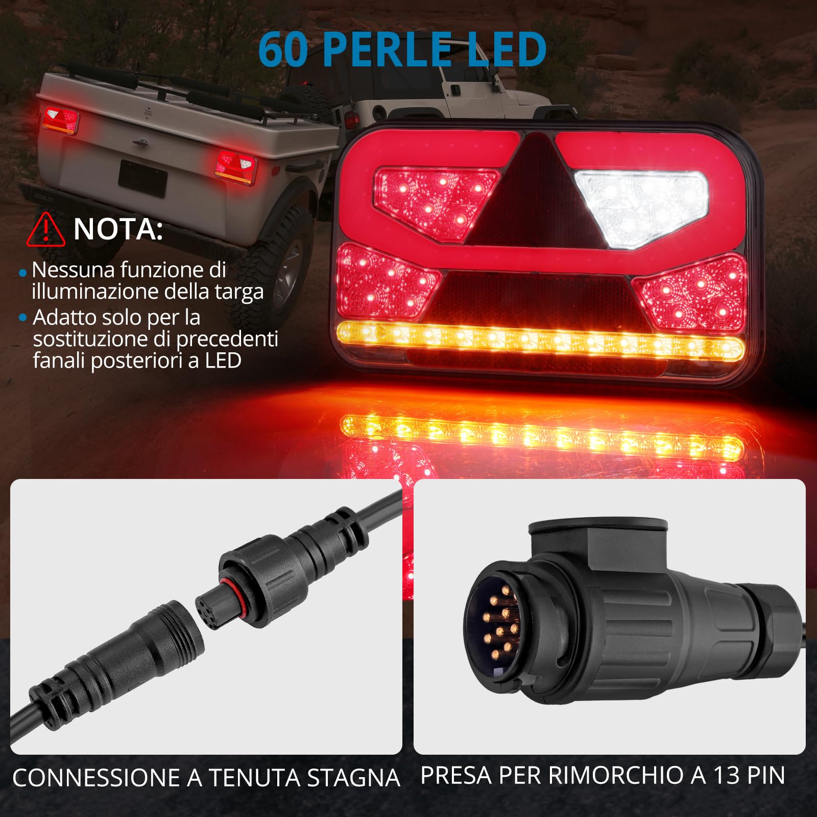 AUTOUTLET 60 LED 12-30V Luce Fanale Posteriore Rimorchio,2 Pezzi con Cavo Rimovibile da 5 m e Spina a 13 Poli,per Rimorchio Camion Caravan Trattore,Impermeabile IP65