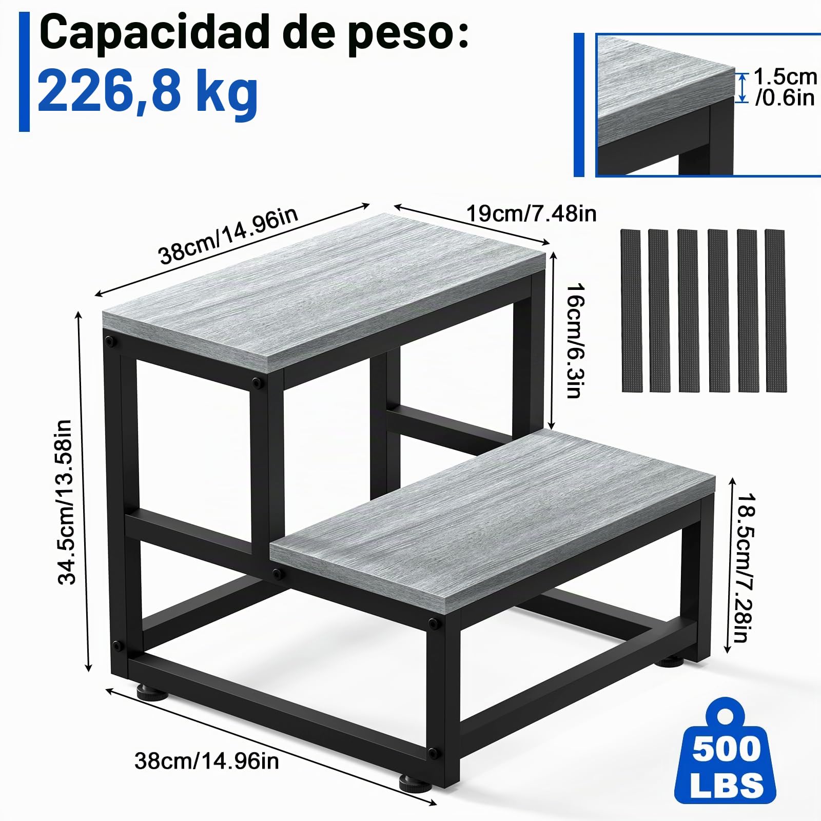 Escalera 2 Peldaños Taburete de Madera y Metal Antideslizante 226kg 38x38x35.5cm