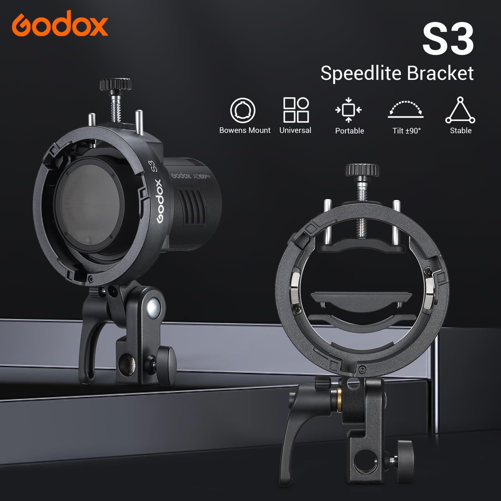 Godox S3 Bowen Mount S-Type Compacto y Ligero, Inclinación ±90°, Almohadilla para Godox AD200Pro II, AD300Pro II, para V1Pro /V100 /V860III / TT685II / V480 (Versión Actualizada de S2)