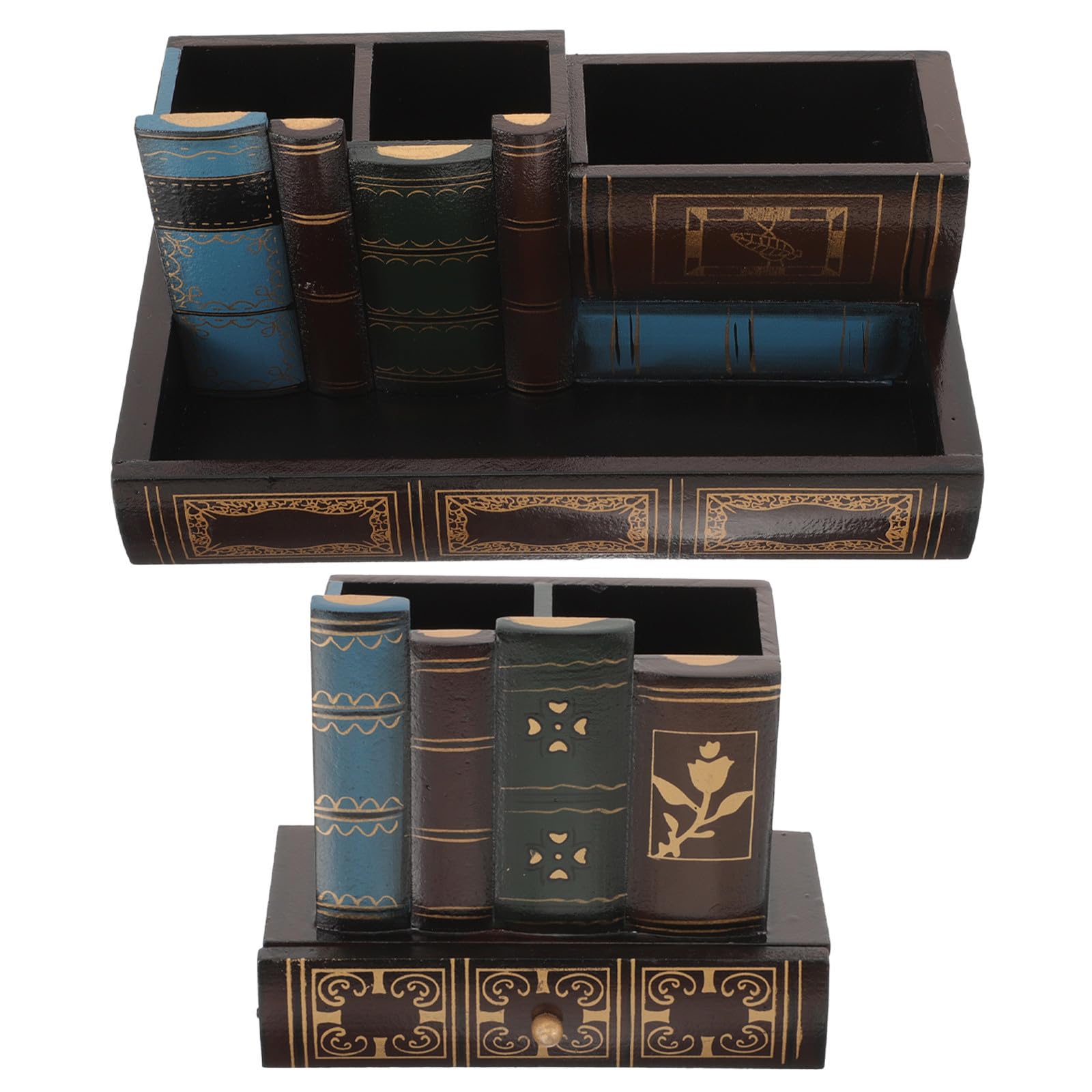 Gadpiparty Portapenne con Cassetto Estraibile a Forma di Libro Vintage in Legno Organizer da Scrivania 2 Pezzi con Funzione Pratica e Decorativa per Studio e Ufficio