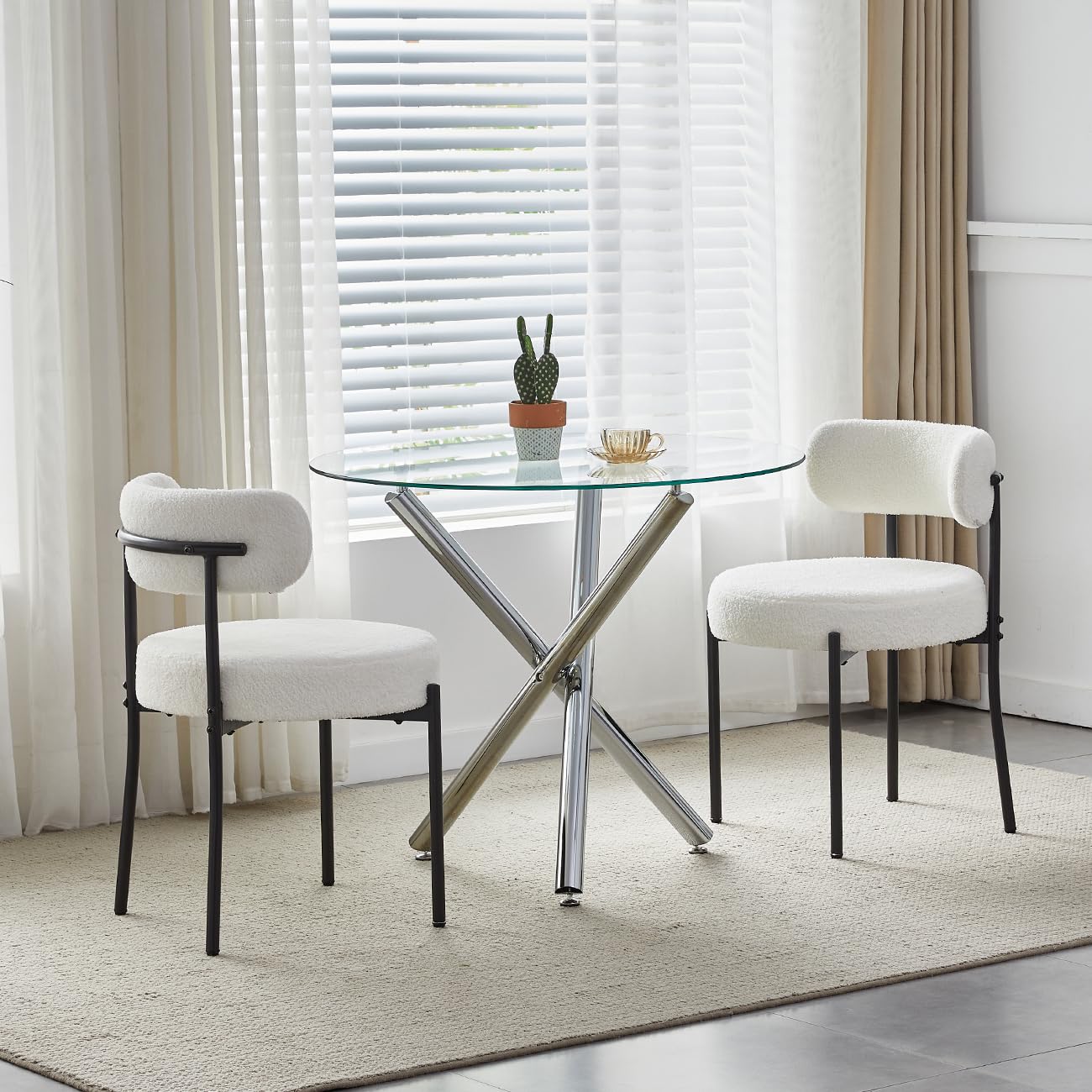 Menaka Round Dining Table and Chairs Set of 4 for Kitchen Diner, 5 Pieces Oak Wood Table with 4 Chairs for Compact Dinette Restaurant (2 white round wool chairs, 90cm Clear Glass Table) โ image 1