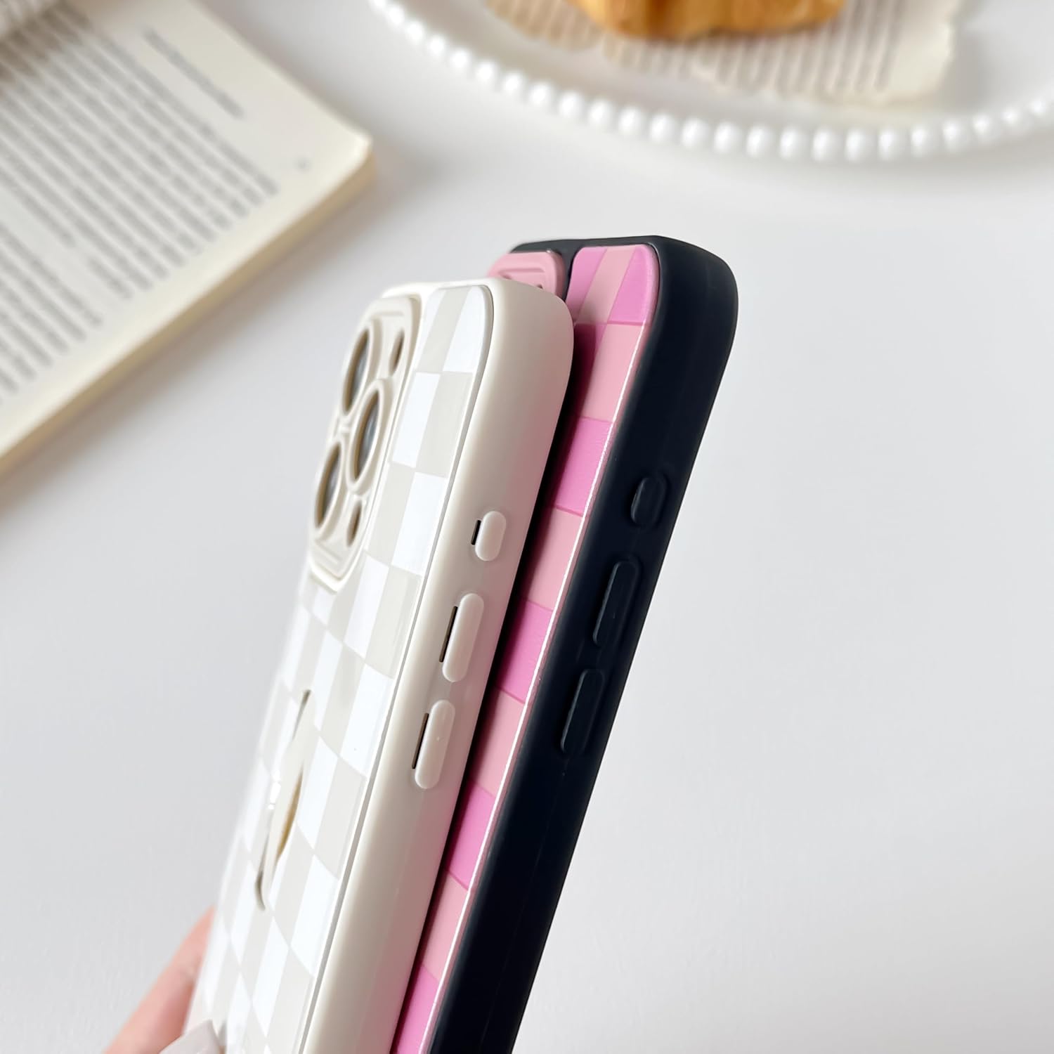 Yeddabox for iPhone 16 Pro Max Case with Finger Strap Kickstand, Checkered Phone Case Full Camera Protection Shockproof Soft TPU and Hard PC Back Cover for Women Men, White image 5