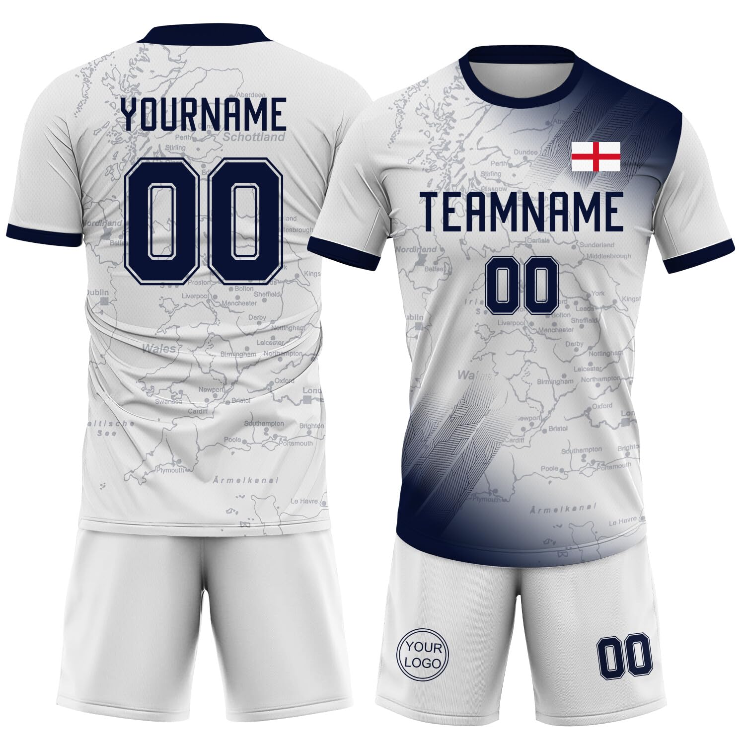 Generic Custom England Soccer Jersey with Name Number, Personalized Athletic Shirts for Men Women Youth Kids, White Soccer Shirt Set