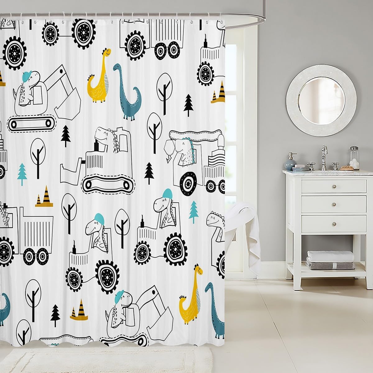 Feelyou Construction Bath Curtain 72"x78" Equipment Trucks Shower Curtain for Kids Boys Girls Decor Dinosaur Bathroom Shower Curtain Set Jungle Dino Black and White Kids Bathroom Accessories