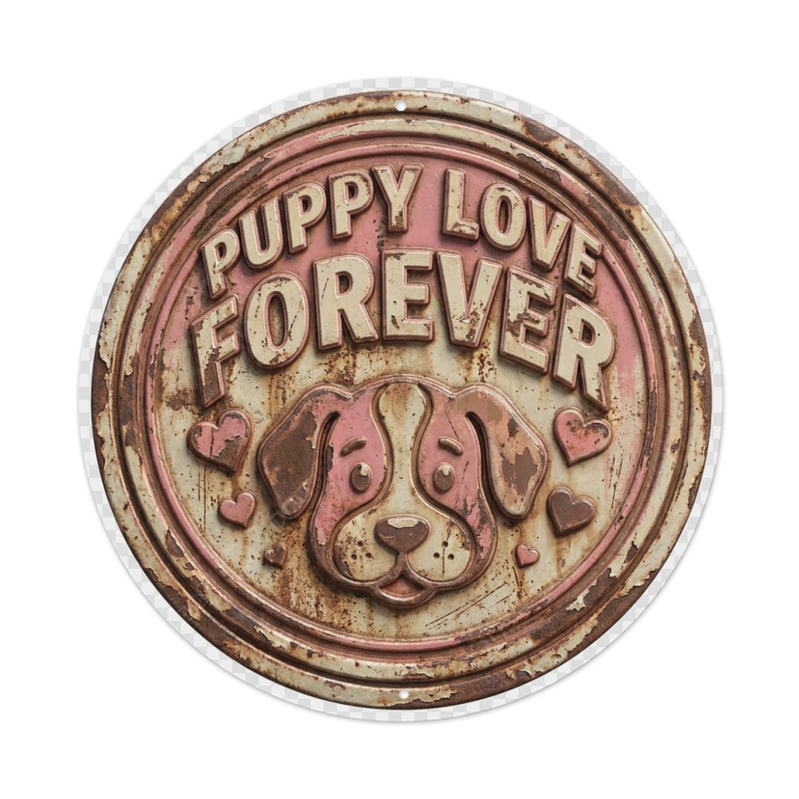 Puppy Love Forever Woof Metal Tin Sign Plaque Wall Decor for Cafe, Club Bar, Office, Home Garden Round Metal Poster 8x8Inch