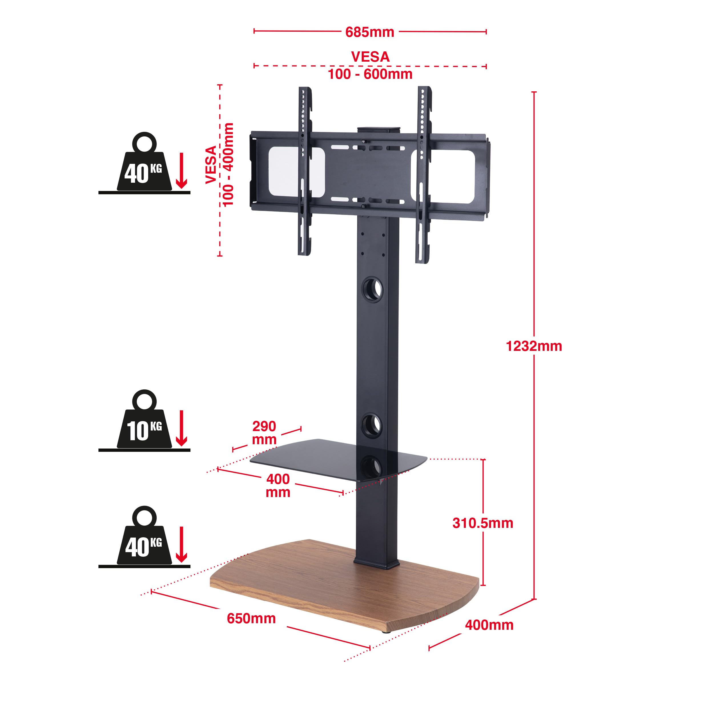 TV Stood Oak Base Glass Shelf Swivel Mount Bracket - Dettaglio