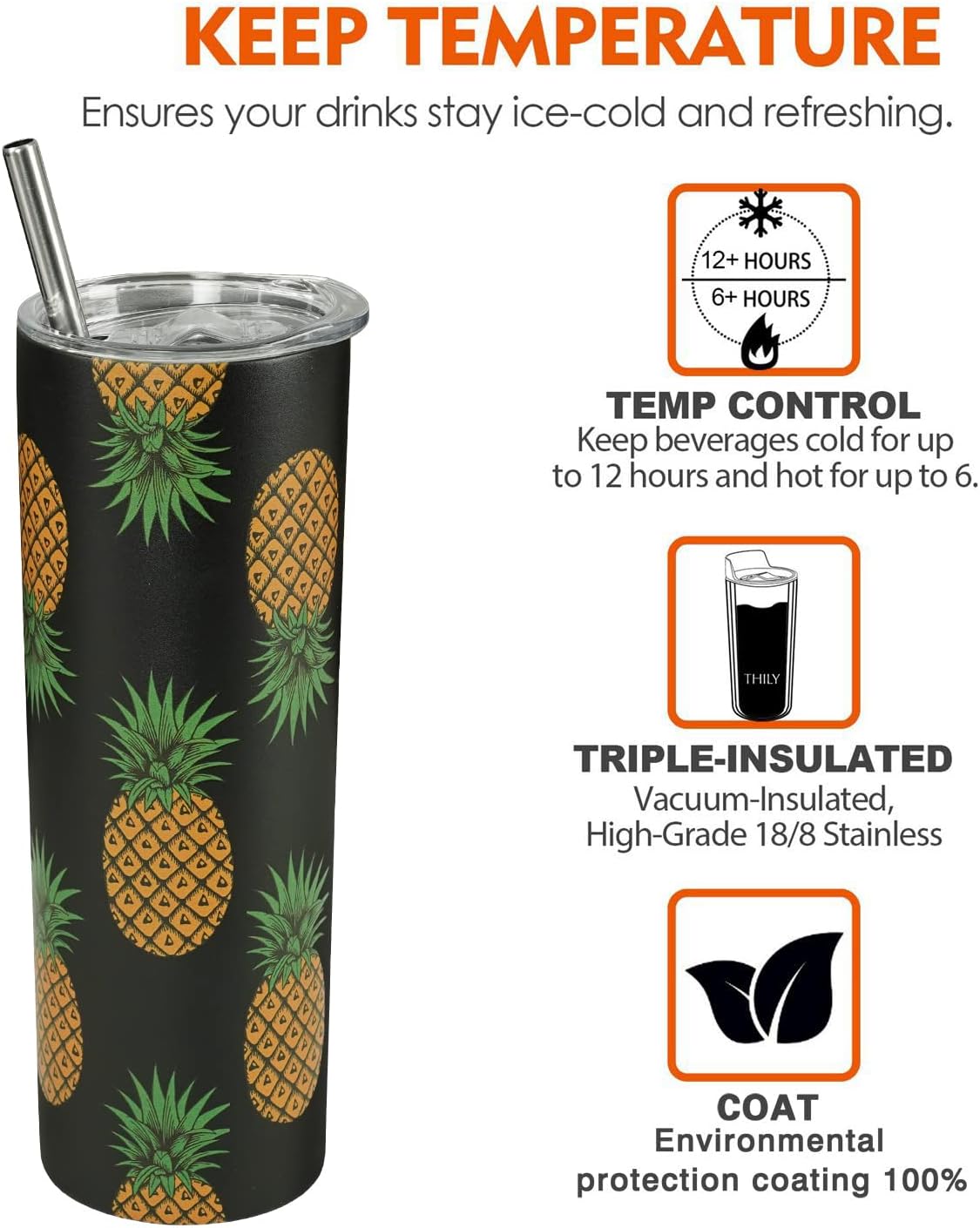 Pineapple Gifts,For Women Pineapple Cup With Lid and Straw, 20oz Stainless Steel Skinny Tumbler,Insulated Water Bottle Travel Coffee Mug - Image 6