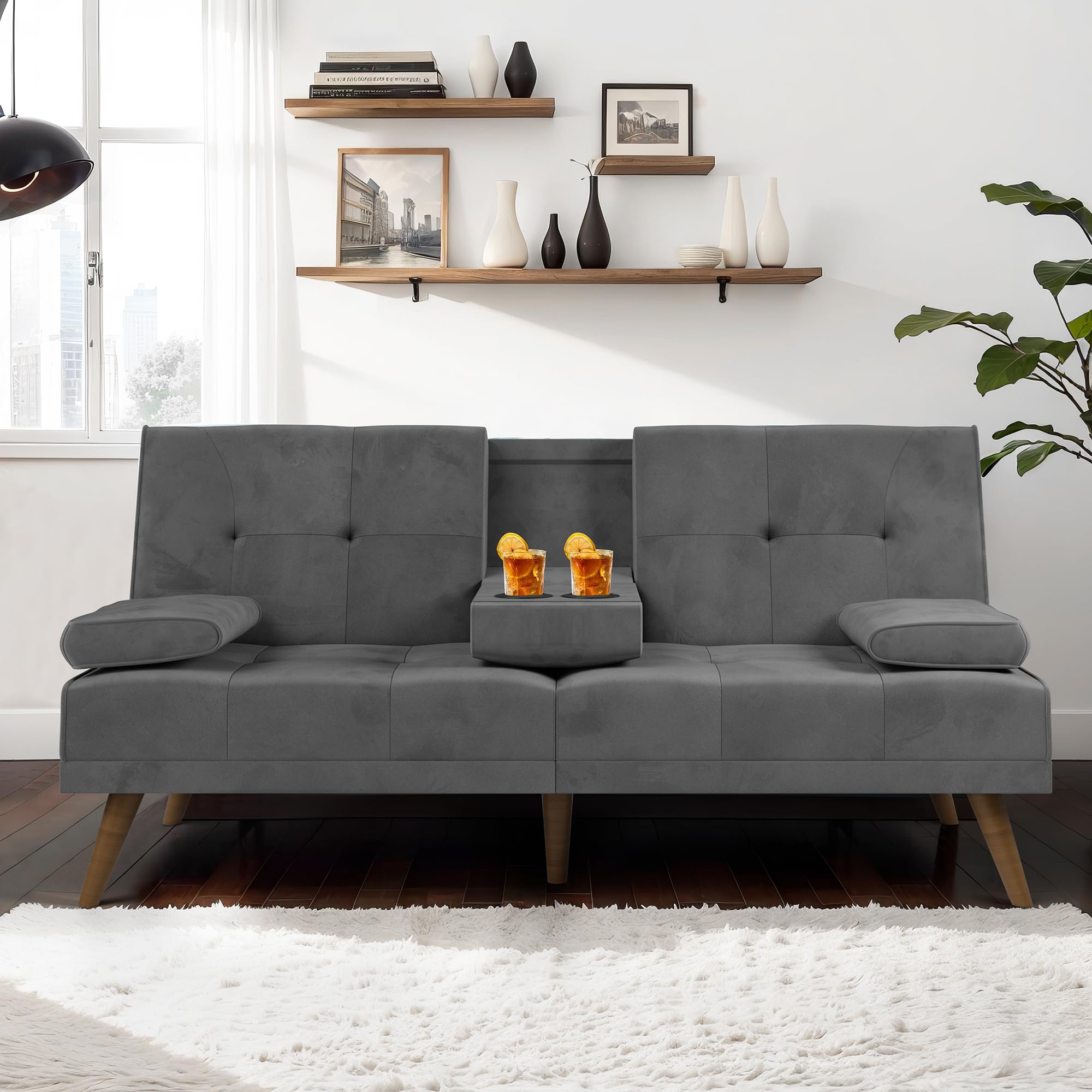 JAMFLYFuton Couch Sofa Bed Convertible Folding Small Sleeper Loveseat with Removable Armrests, Wood Legs, 2 Cup Holders for Small Spaces, Living Room, Apartment, Dorm (Dark Gray)