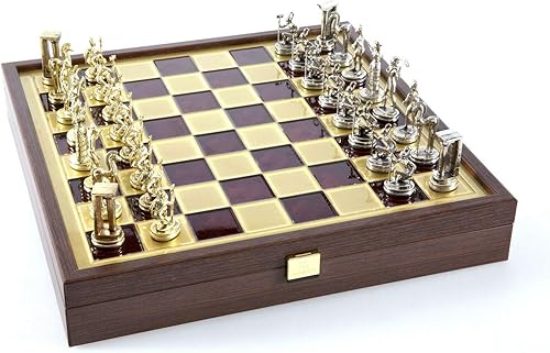 Minoan Period Latón-Níquel Juego de Ajedrez - Caja de madera Rojo Tablero de Latón