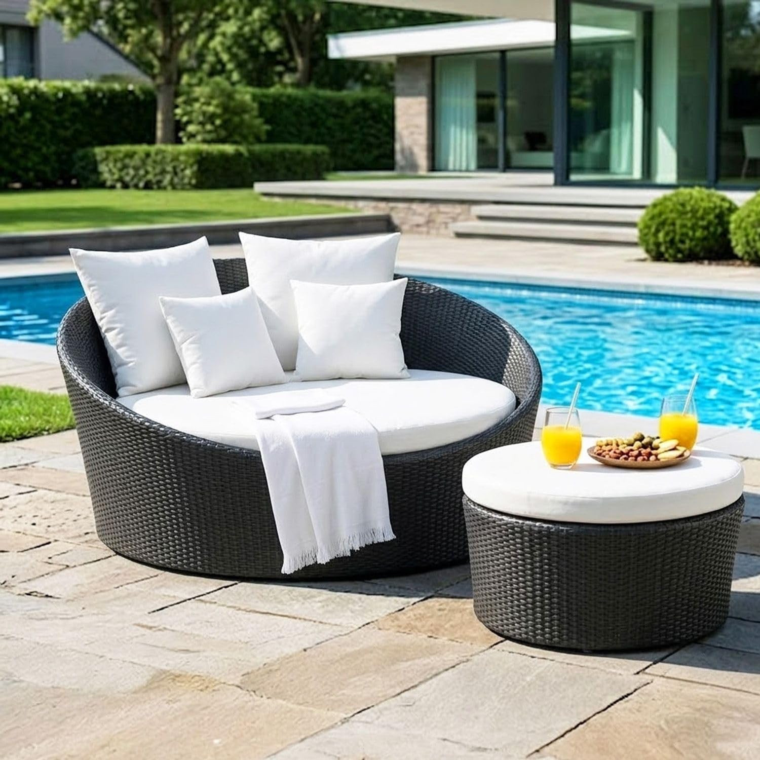 DEVOKO Outdoor Pool Side, Garden, Balcony, Porch, Backyard, Terrace, Patio, Beach Round Sofa Wicker and Rattan Daybed with Table Furniture Set (Black & Offwhite)