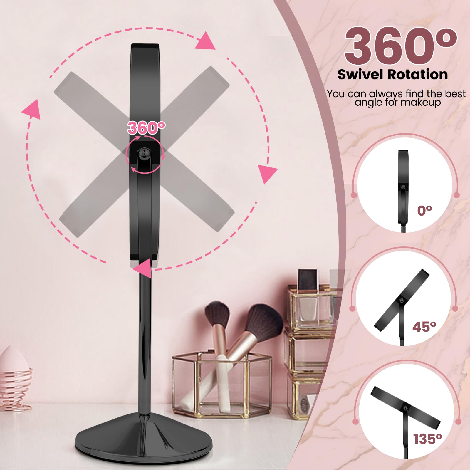 Specchio da trucco da 20,3 cm, con luci LED, ingrandimento 1X/10x, ricaricabile, controllo touch dimmerabile a 3 colori, rotazione a 360 gradi, per la cura della pelle e la toeletta, nero