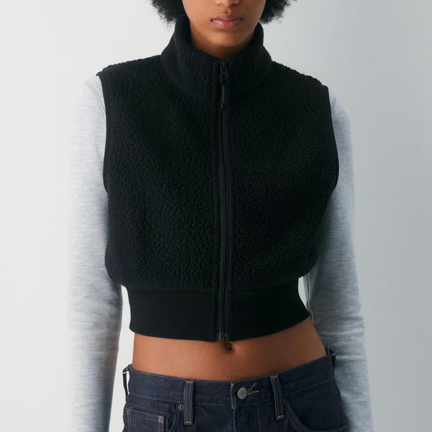 SeeLuNa Cropped Fleece Vest for Women Stand Collar Sleeveless Sherpa Jacket Vests Elastic Waist Full Zipper Fuzzy Fleece Coat