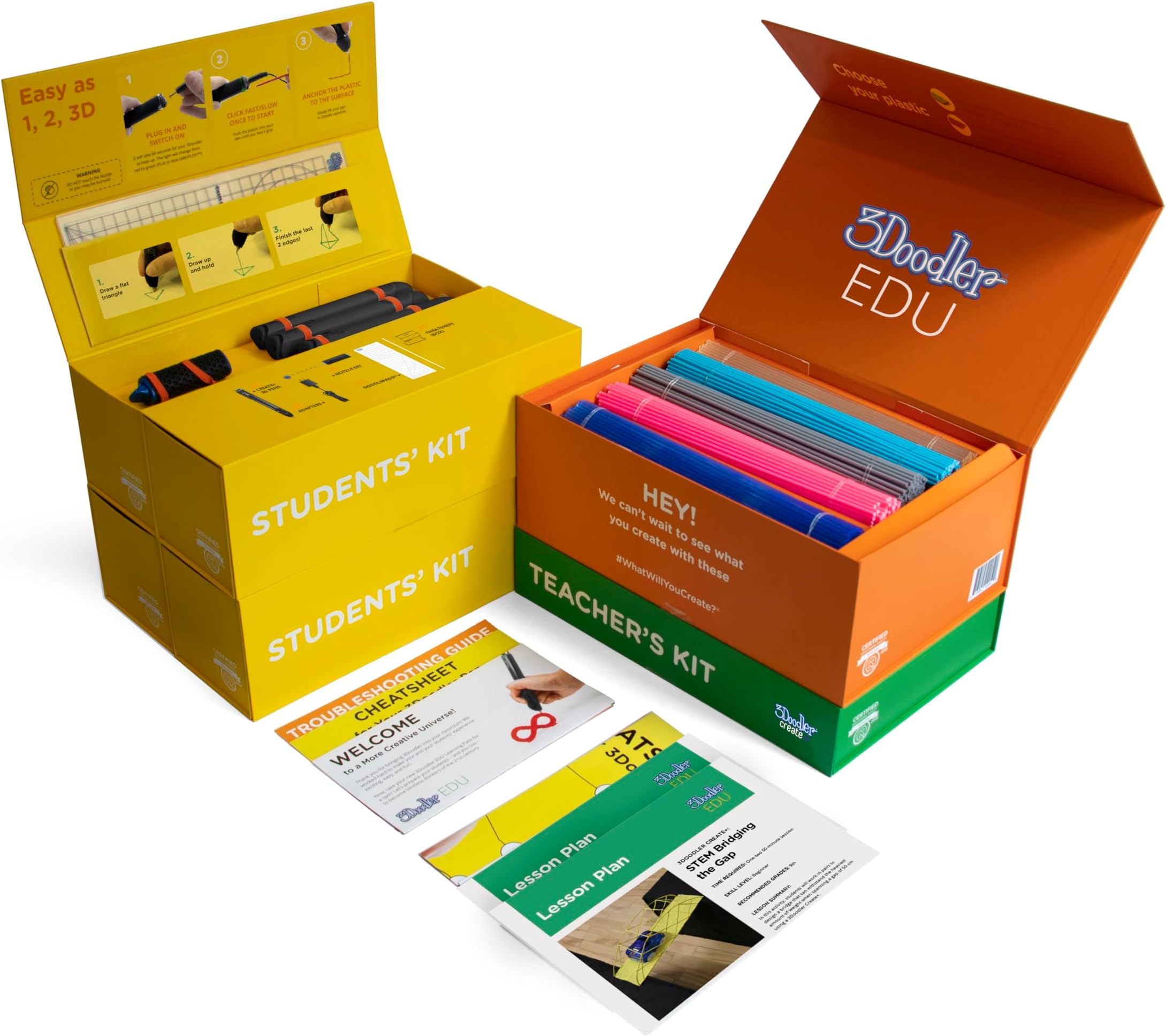 EDU Create+ Learning Pack, Full Set with 12 3D Printing Pens + 1200 Strands of Plastic Filament + Classroom Activity Plans