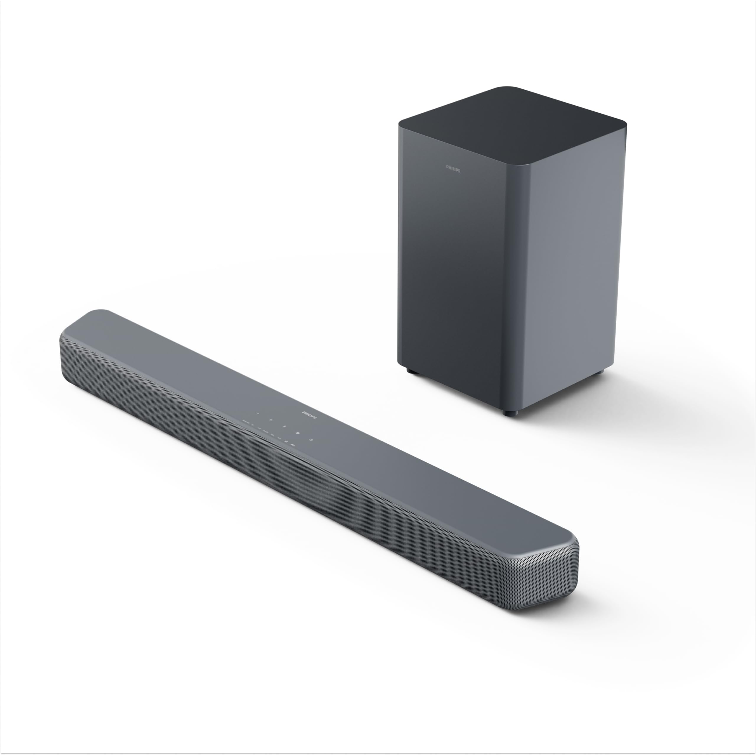 Philips TAB5601 Soundbar 2.1 z bezprzewodowym subwooferem, maks. moc wyjściowa 290 W, Dolby Digital Plus, DTS Virtual:X, Intellisound AI, Bluetooth LE 5.4, wejścia HDMI ARC, optyczne i USB – grafitowy