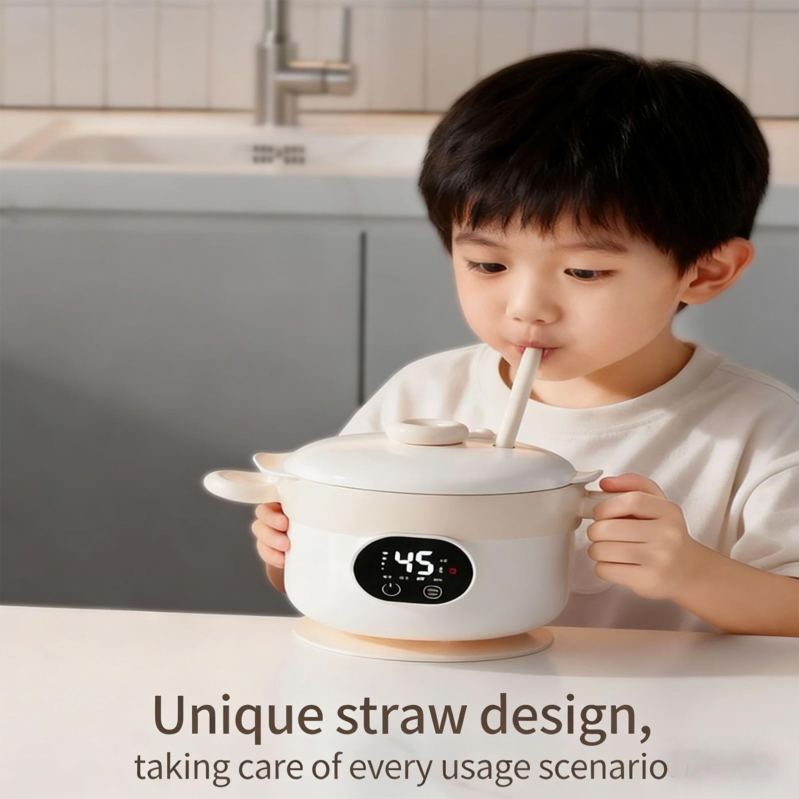 Fockety Calentador de Alimentos, Tarro de Comida Portátil de Acero Inoxidable de 470 Ml, con Aislamiento Eléctrico Inalámbrico y Cuchara y Tenedor para Bebés, Niños Pequeños Niños (De color crema)