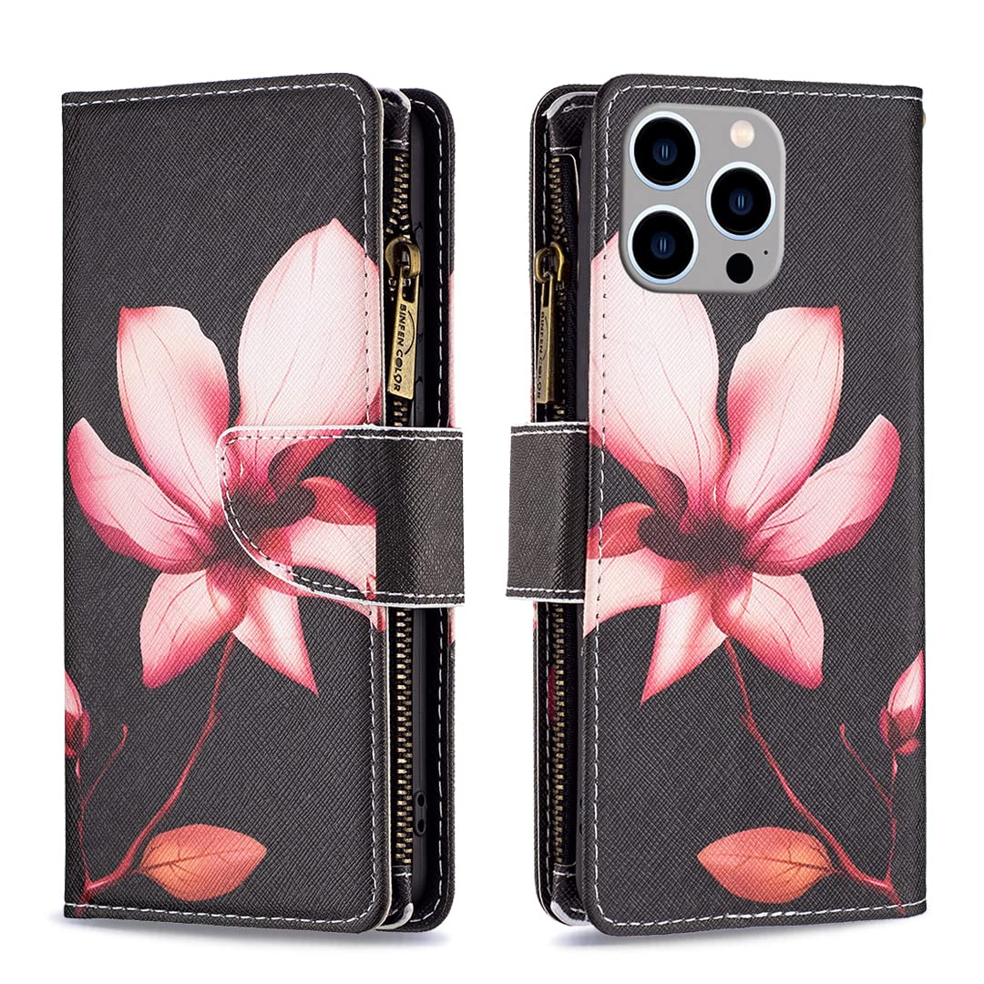 Étui Portefeuille En Cuir Synthétique Pour IPhone 14 - 6 Emplacements Cartes, 1 Fente Billets, 1 Poche Zippée, Support Intégré Et Dragonne