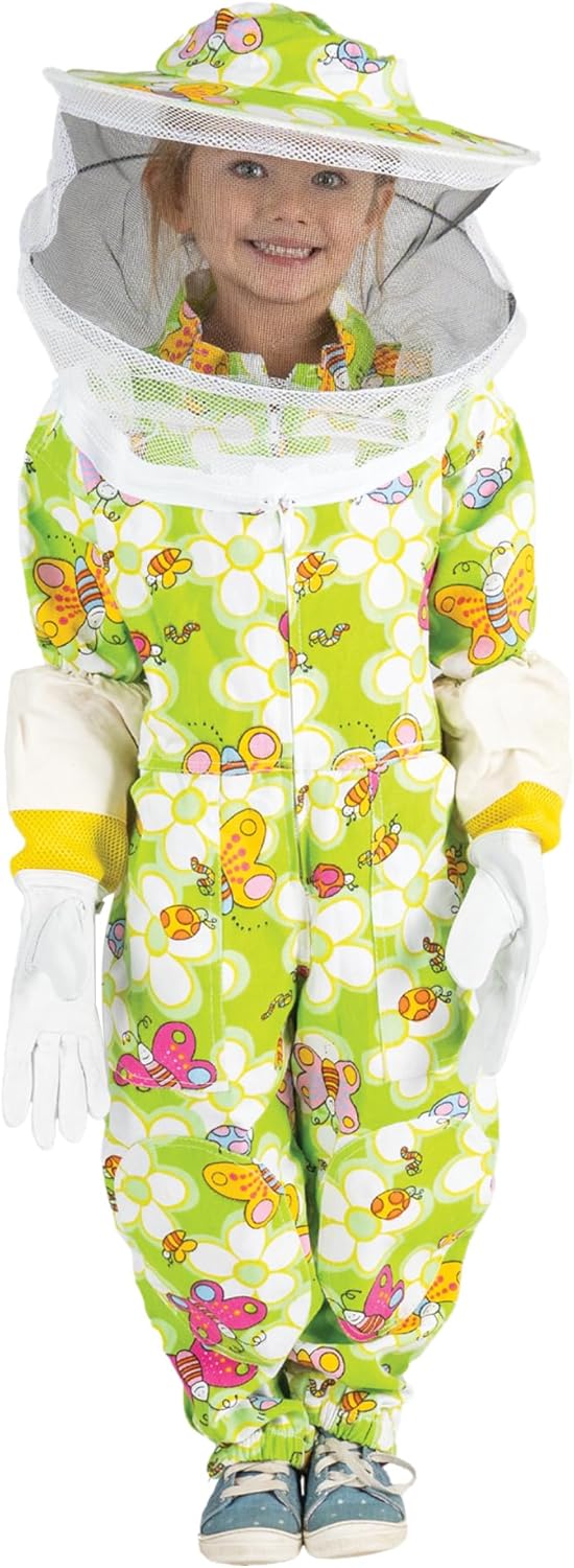 Mann Lake Child Green & Floral Beekeeping Suit with Veil, Protective Beekeeping Gear for Children, Durable Kids Beekeeper Outfit, Full Protection Suit with Design for Young Beekeepers, Size 4-8