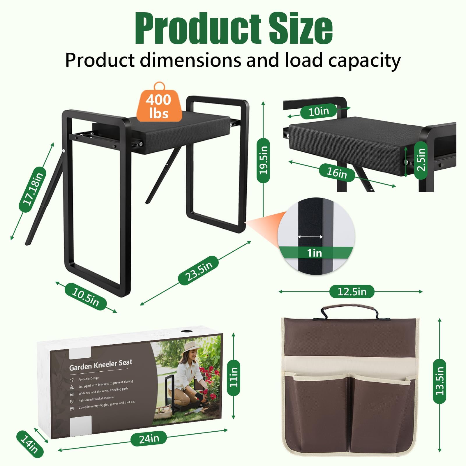 Tabouret De Jardinage Pliable SEASKY - Anti-Basculement, Coussin Épais EVA, Sac à Outils Inclus - Capacité 181 Kg (Noir)