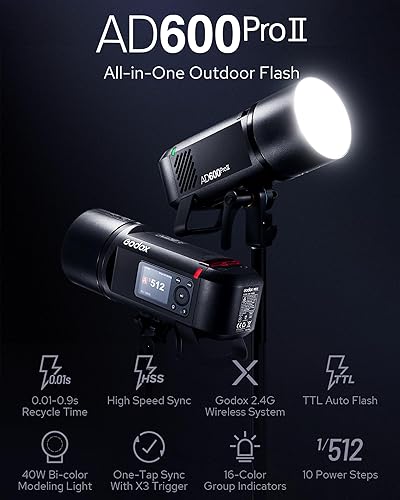 Vista 17 de Godox AD600 Pro AD600Pro - Luz estroboscópica de 600 W, flash para exteriores, monoligh TTL 2.4G 1/8000s HSS, batería de 2600 mAh, 360 flash