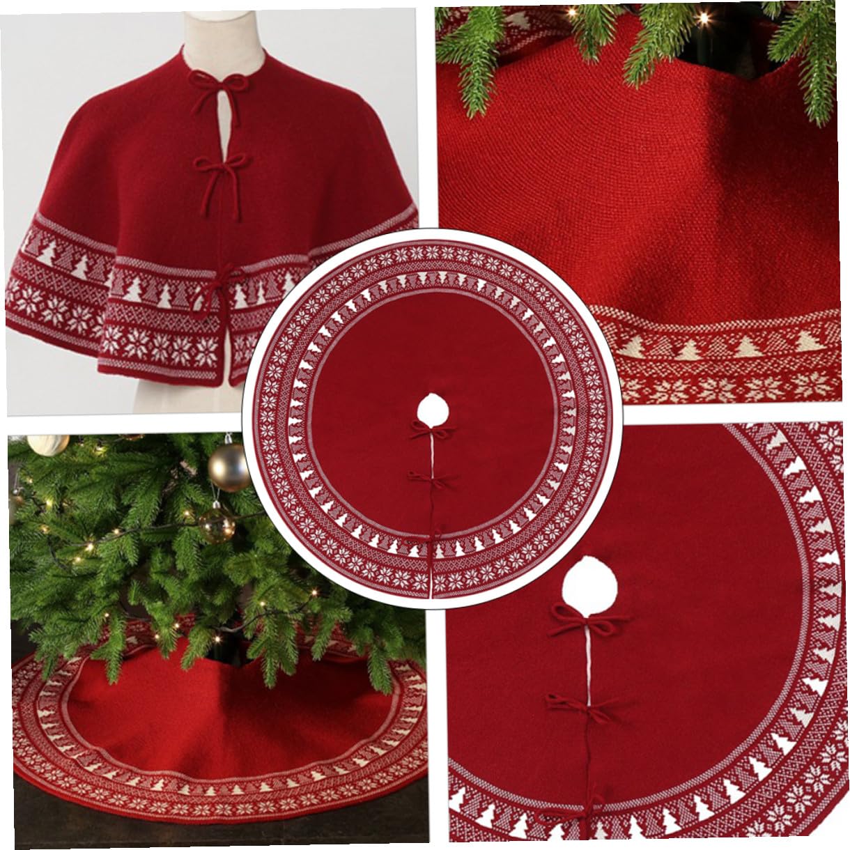 TOYANDONA Weihnachtsbaumschürze mit Schneeflocken und Baum-Elementen Gestrickt Weicher Teppich Dekoration für Feiertage Schal oder Baumrock
