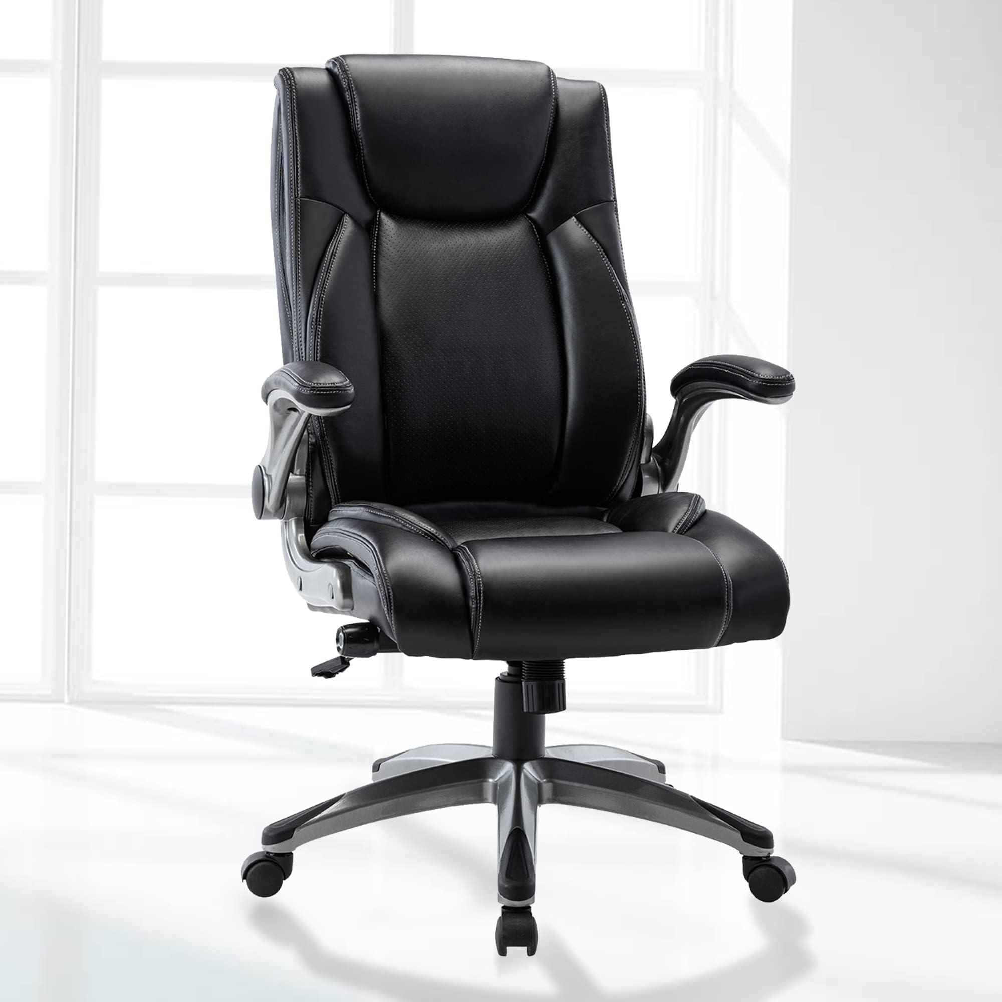 High Back Office Chair with Flip-up Arms, Executive Computer Desk Chair Bonded Leather Adjustable Built-in Lumbar Support for School Home and Office