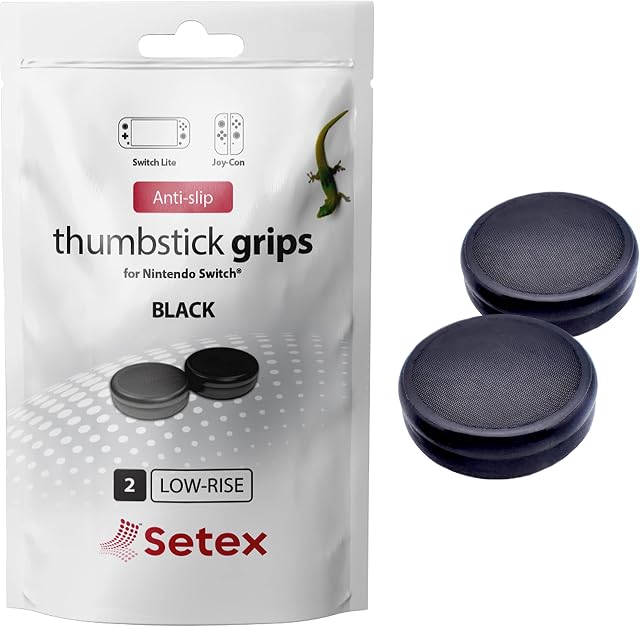 Setex Gecko Grip, Low Rise Thumbstick Grips for Switch Joy-Con Controller, & Switch OLED & Switch Lite | Anti-Slip Microstructured Analog Stick Thumb Grips, Black, Covers Only