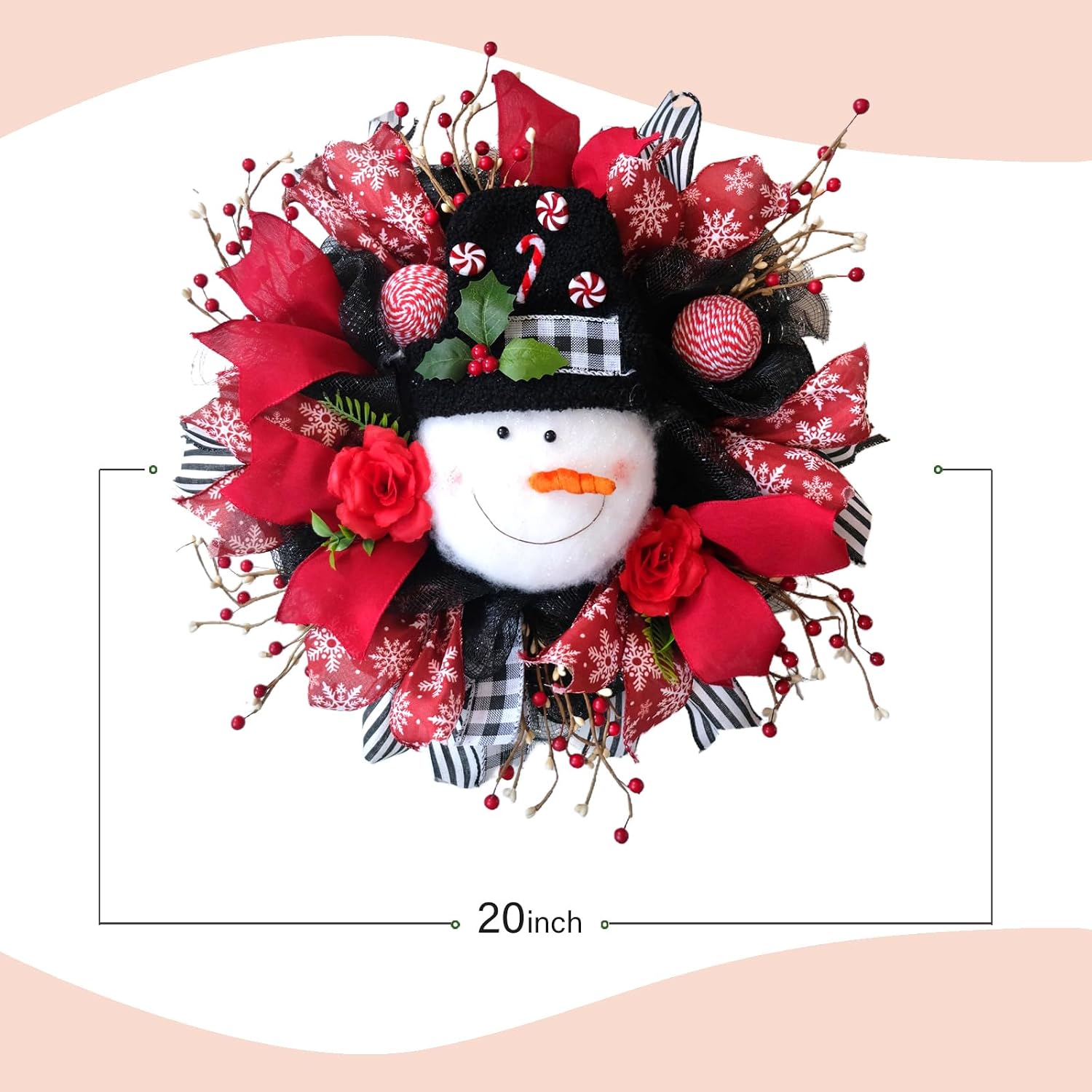 TEMPUS 20 Inch Snowman Christmas Wreath for Front Door-Snowman Tree Topper Holiday Decor, Whimsical Winter Snowman Indoor Decoration Festive Ornament