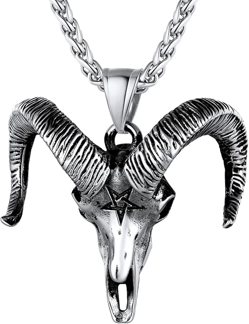 U7 Gothic Stainless Steel Pendant Necklace For Men Boys, Satanic Pentagram Baphomet Pendants, Silver/Black/Gold Plated, Adjustable Chain 22"-24", Halloween Punk Costume Jewellery, Send Gift Box
