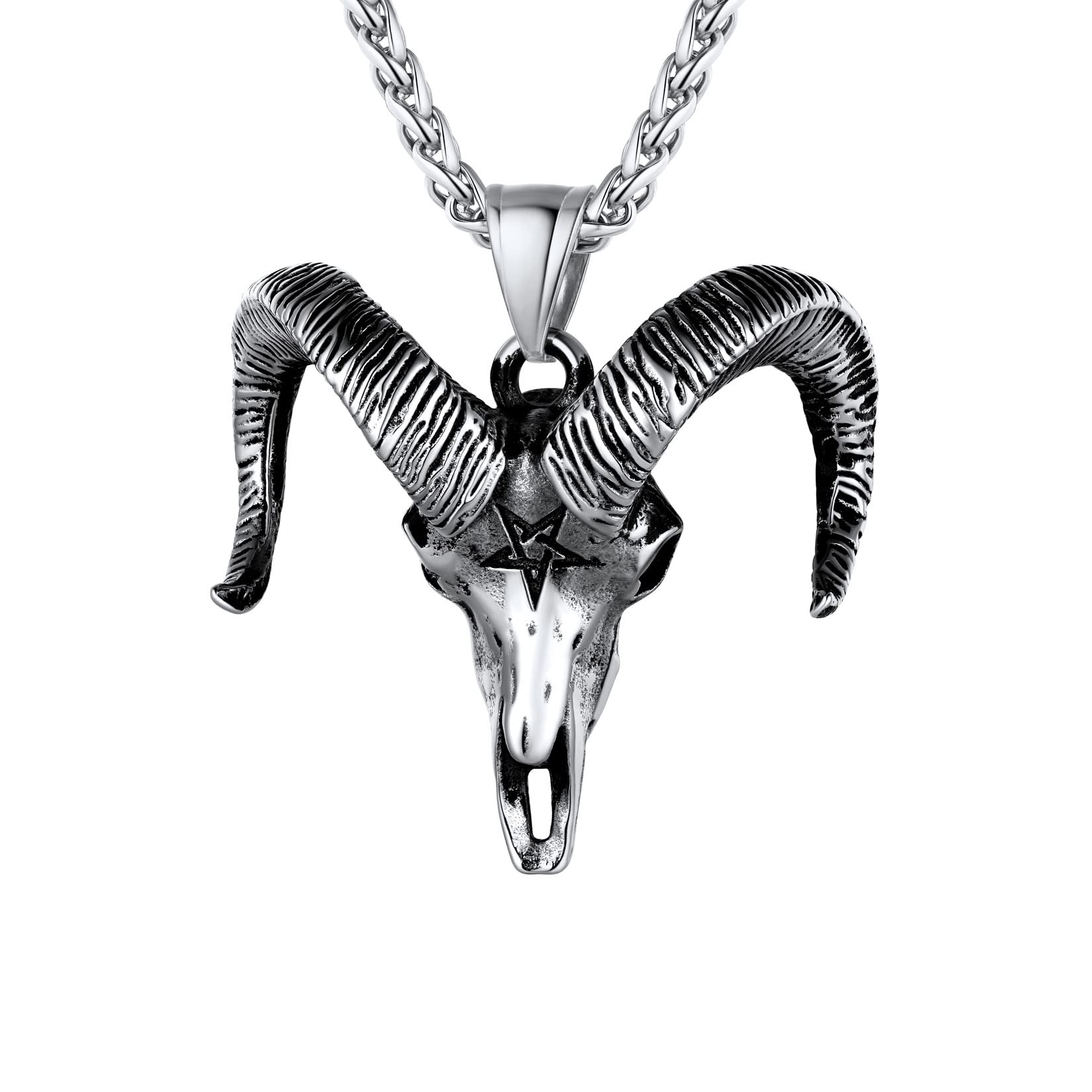 U7Gothic Stainless Steel Pendant Necklace For Men Boys, Satanic Pentagram Baphomet Pendants, Silver/Black/Gold Plated, Adjustable Chain 22"-24", Halloween Punk Costume Jewellery, Send Gift BoxRecycled Claim Standard Blended