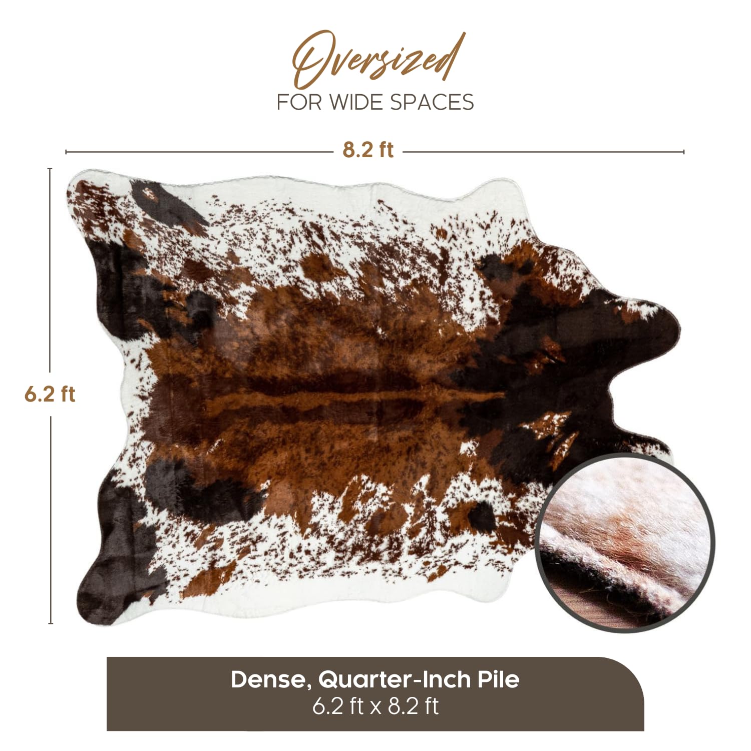 NativeSkins Tapis En Cuir De Vache Synthétique - Marron Original (surdimensionné) | 1,9 X 2,5 M | Soutien Triple Couche | Poils Ultra Doux | Dos