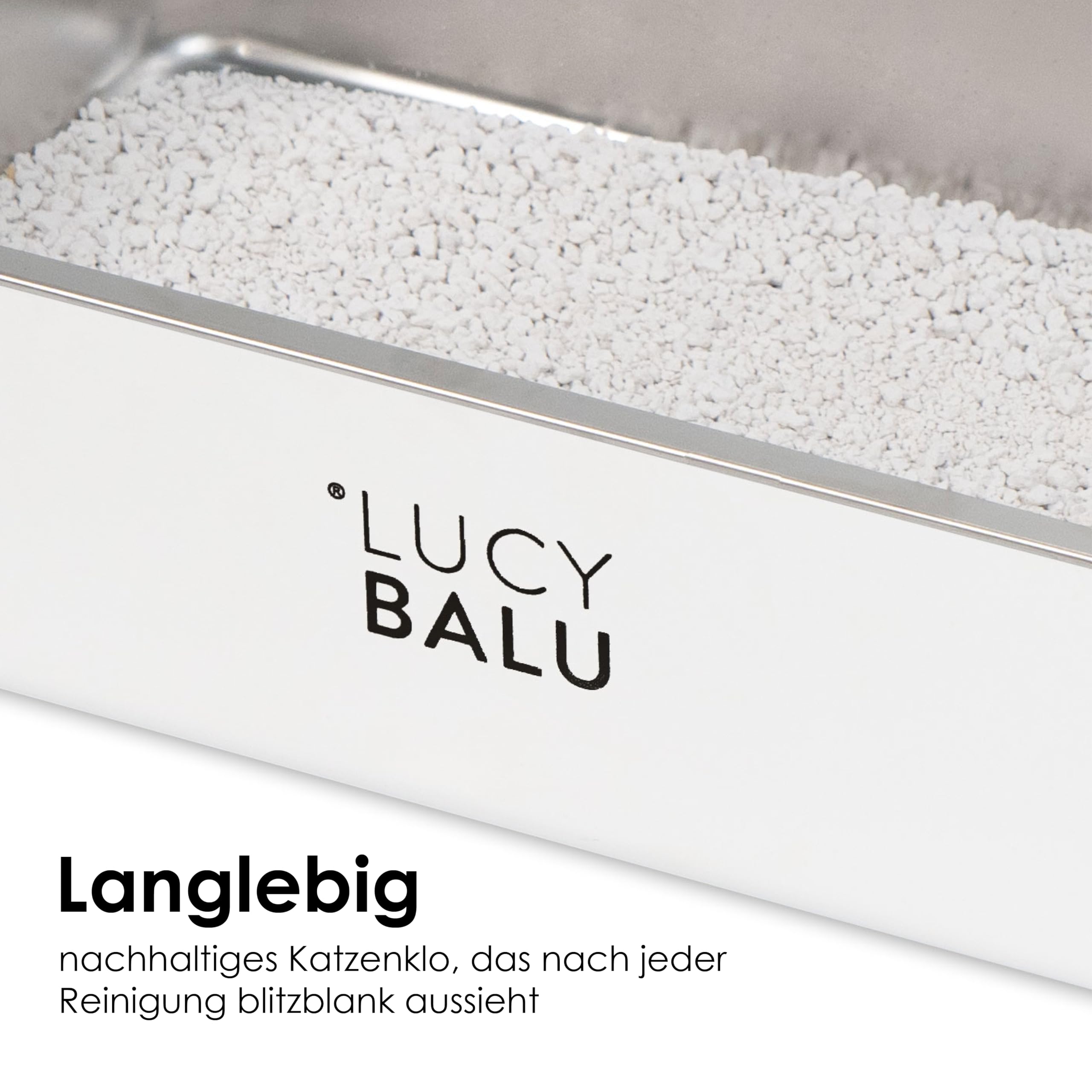 LucyBalu® Caja de arena para gatos de acero inoxidable de STEELOO, XXL, sin tapa, con entrada superior, higiénica, inodora y fácil de limpiar, 59,5 x 39,5 x 15,5 cm, color blanco