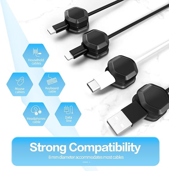 Magnetic Cable Clips, Self-Adhesive Cord Holder, Cord Organizer, Smooth Adjustable Wire Keeper for Desk, Nightstand, Phone Charger, Computer, Home, Office, Car (Black, 6 Pack)