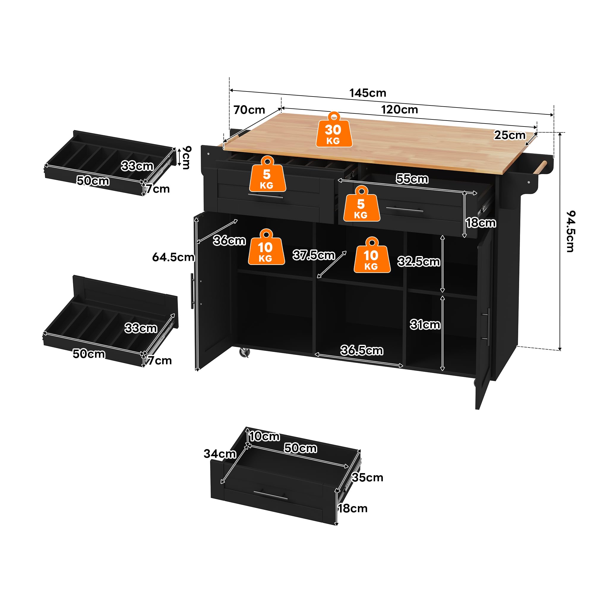 Kücheninsel mit Klappbare Arbeitsplatte 45-70 cm, Küchenschrank mit Schublade, Küchenwagen mit Rollen und Handtuchhalter