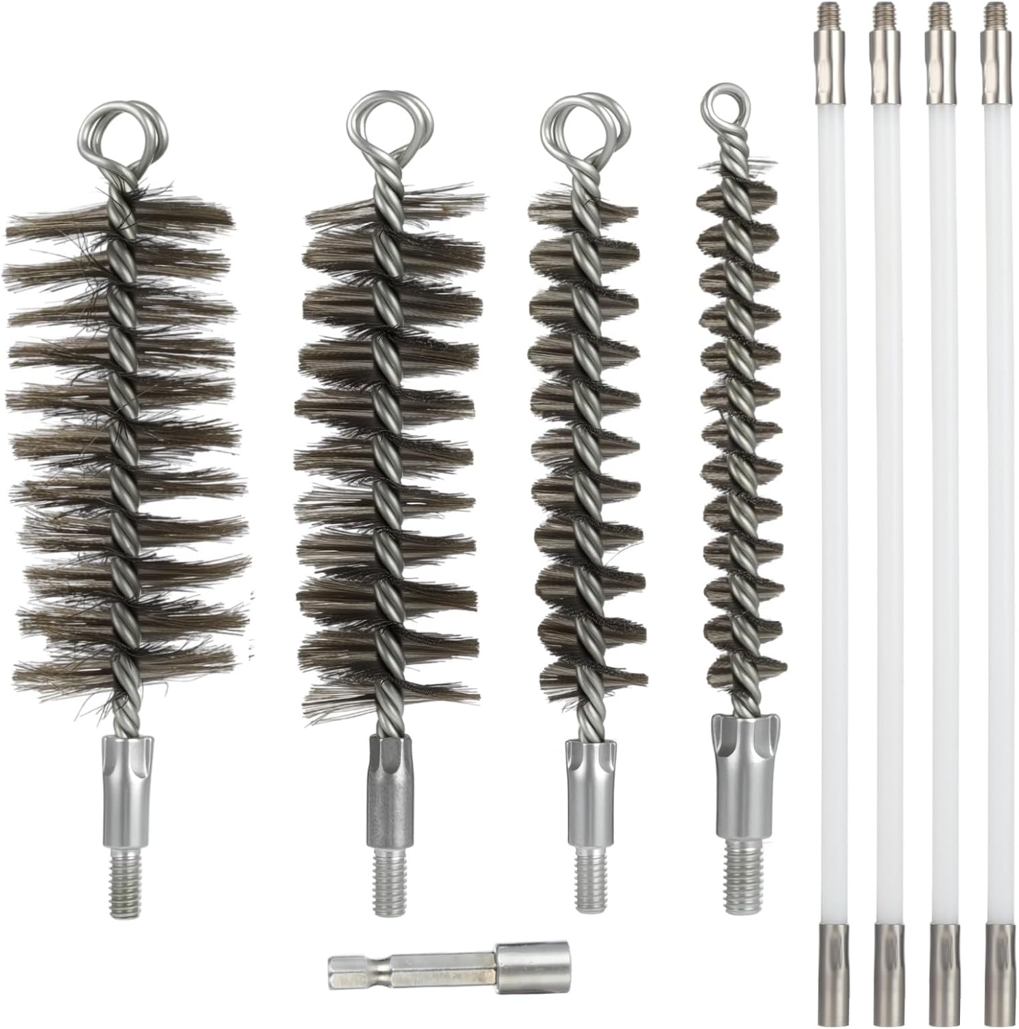 50-Inch Pipe Cleaning Brush Set with 4 Flexible Rods, M8 Threaded Chimney Brush with Stainless Steel Bristles, Strong Cleaning for Auto Parts, Bottles, Tubes