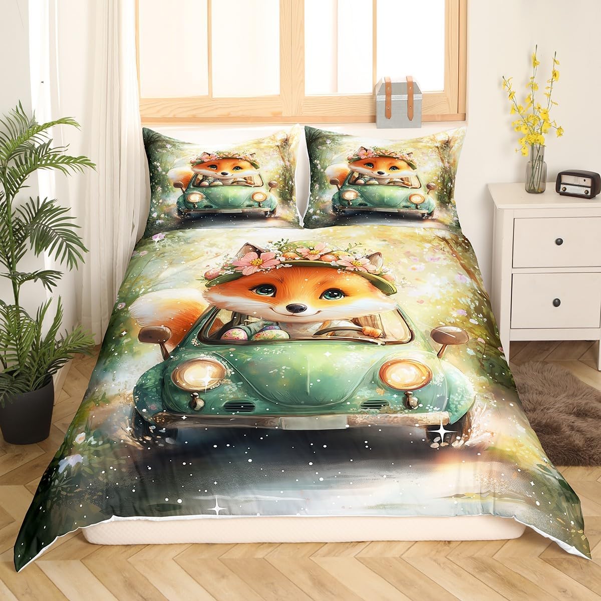 Castle Fairy Cute Fox Duvet Cover Set Toddler Size,Fox Driver Bedding Set for Kids Boys Girls Room Decor,Watercolor Flowers Comforter Cover,Kawaii Animals Quilt Cover with 1 Pillowcase(No Comforter)