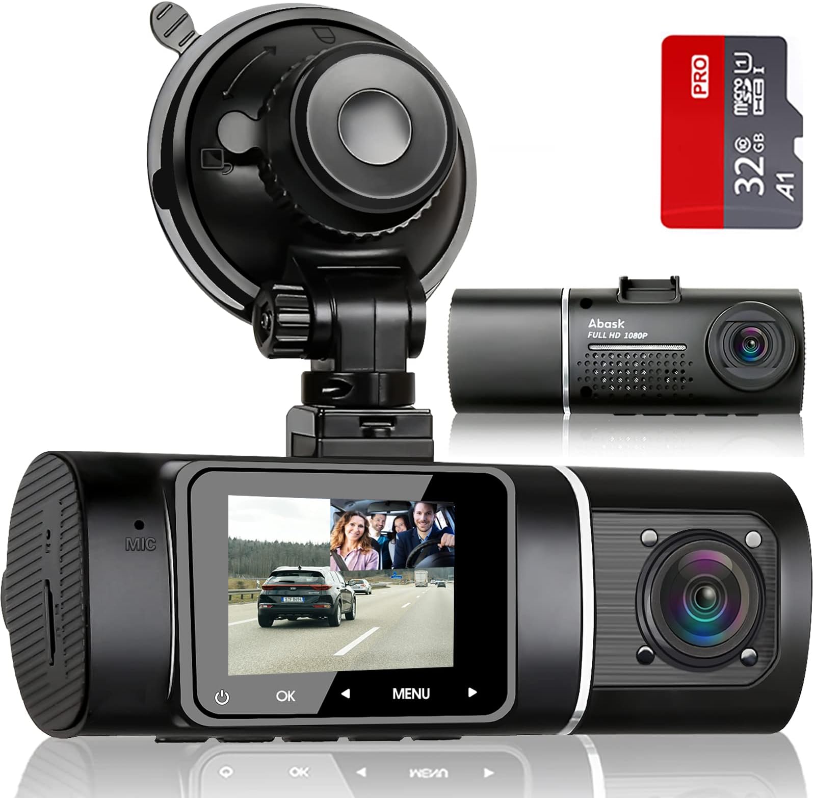 Dash Cam Abask,Dash cam Front and Rear Inside with 32G SD Card,1080P+1080P Dash Camera for Cars, 310° Wide Angle,Night Vision WDR G-Sensor Parking Monitor Loop Recording Motion Detector