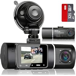 Monitores Para Vehiculos ABASK Cámara de Coche con Tarjeta 32G, 170° Gran Ángulo Frente y 140° Gran Ángulo Cabina Full HD Doble 1080P Dash CAM, G-Sensor, Grabación de Bucle, HDR, Monitor de Aparcamiento